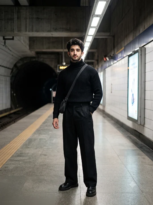 Cinematic male portrait prompt in black ribbed knit and wide leg trousers standing on an empty modern subway platform with neon signage ambient glow