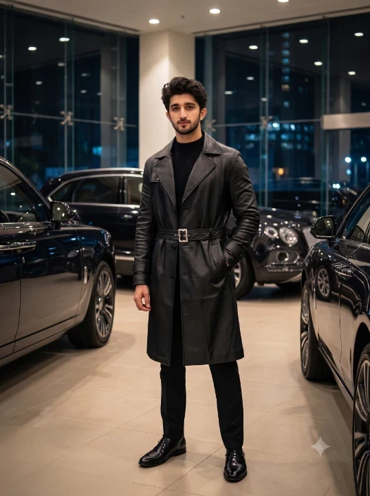 Gemini AI photo prompt for men in black leather trench coat standing inside a luxury automobile showroom at midnight with deep blue ambient light