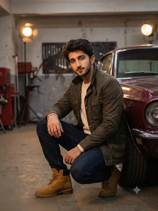 Trending Gemini prompt for men in dark olive utility jacket crouching beside a vintage car inside a luxury private garage with tungsten spotlights
