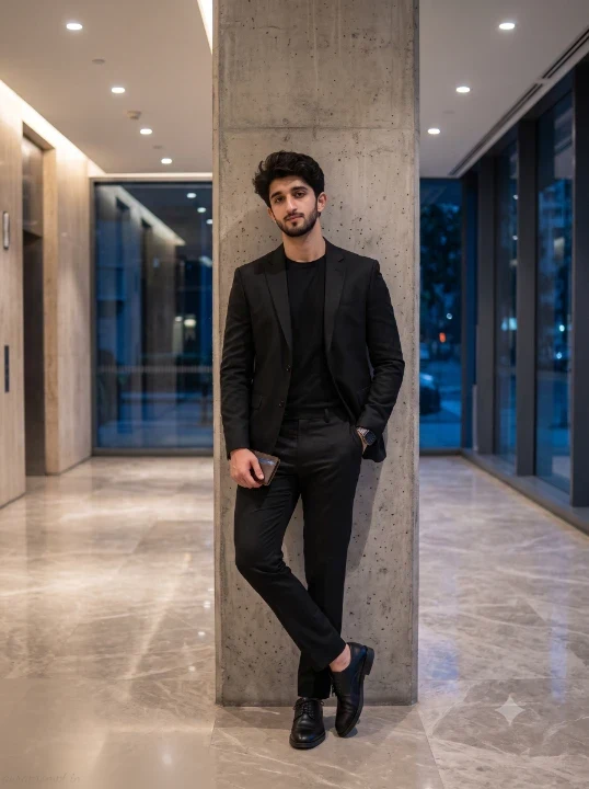 Midnight luxury photo prompt man in all black tailored suit leaning against a concrete pillar inside a dimly lit modern residential lobby