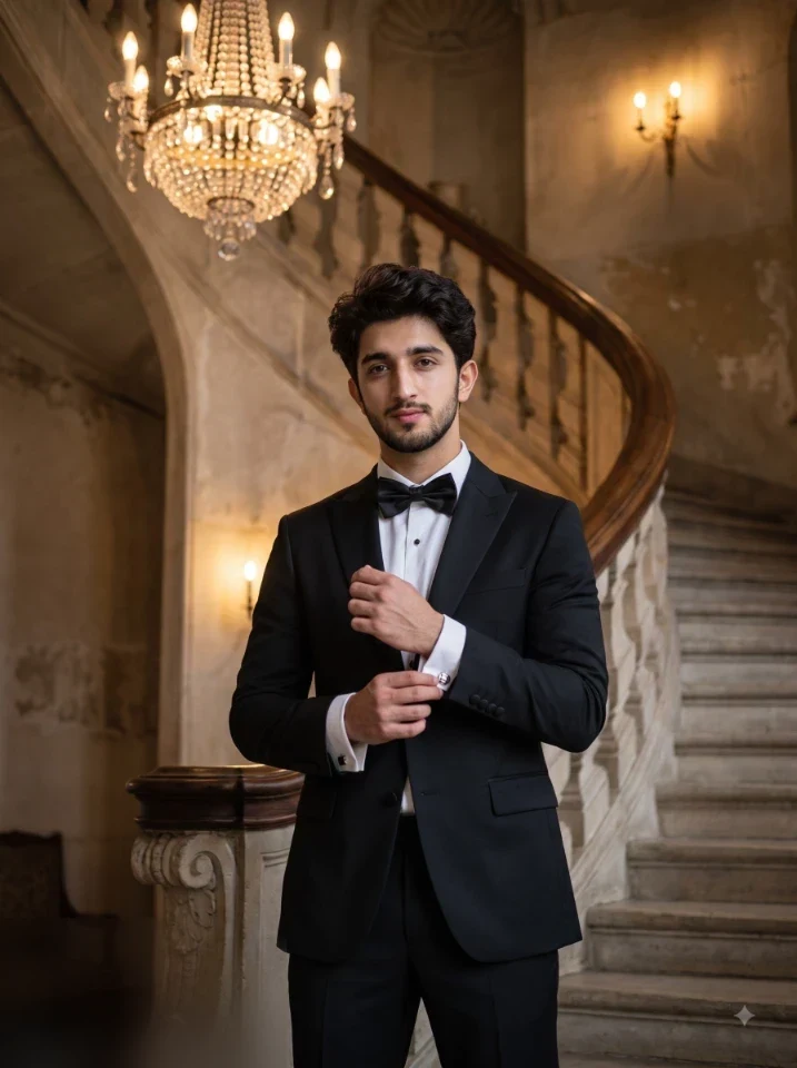 Old money portrait prompt result showing man in black dinner jacket adjusting cufflink on a heritage chateau staircase with warm tungsten lighting