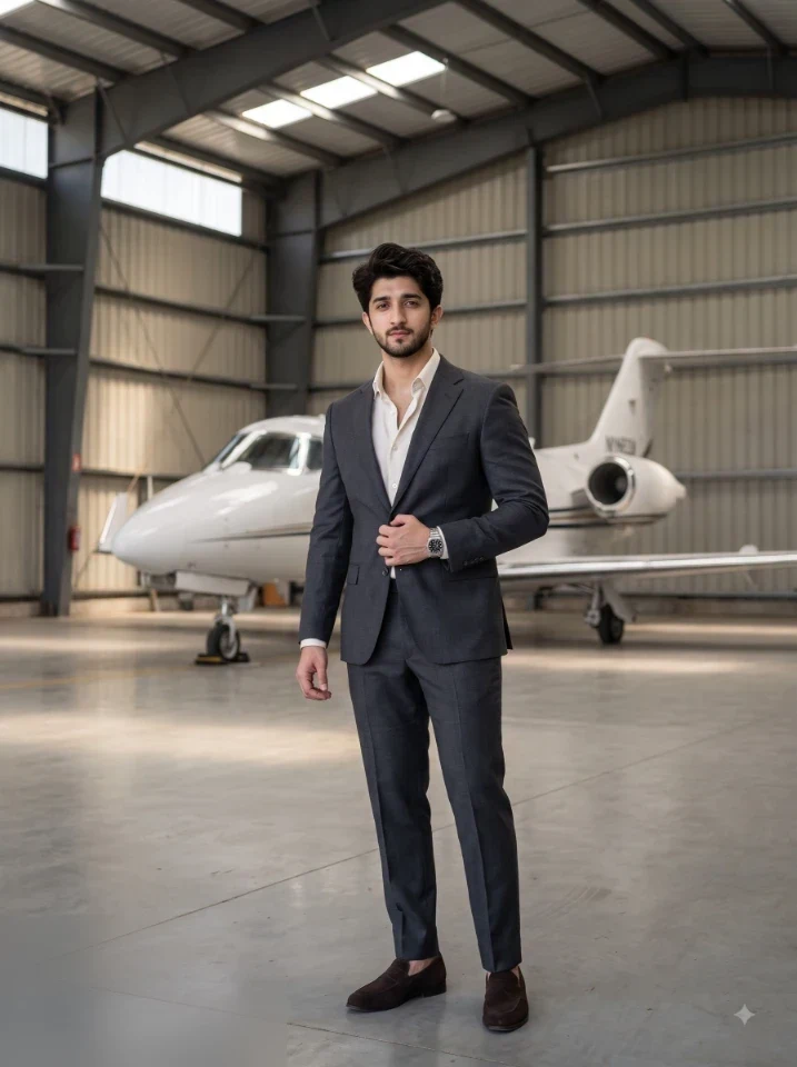 Modern quiet luxury AI photo prompt for men featuring charcoal suit and open collar shirt inside a private aviation hangar with skylight illumination