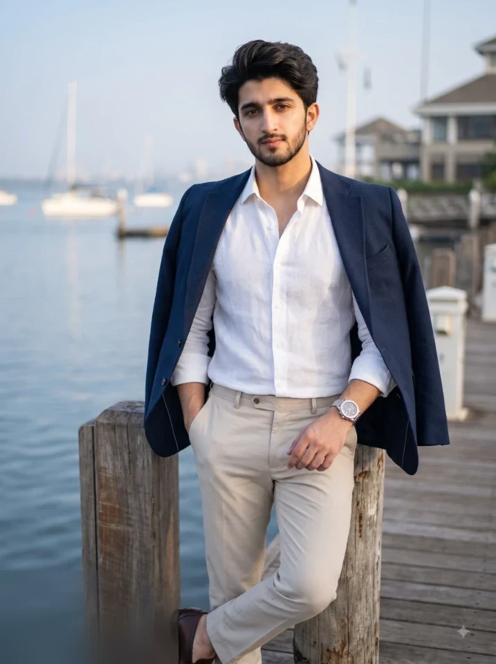 Old money aesthetic AI photo prompt result showing man in navy blazer and linen shirt standing at a traditional yacht club dock in morning light