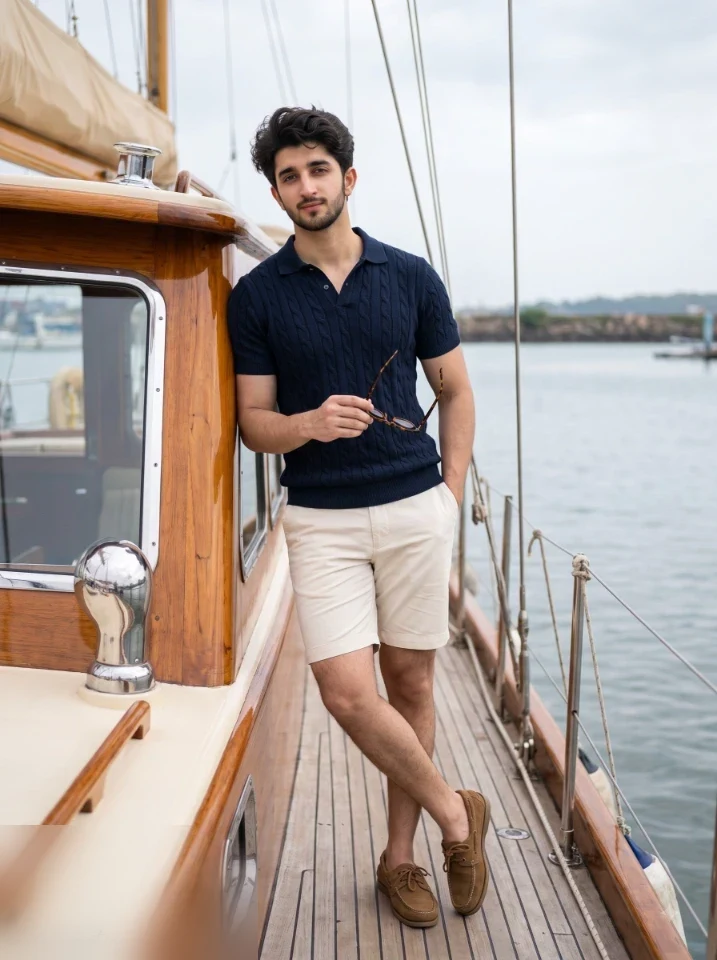 Heritage sailing AI photo prompt for men showing navy cable knit polo and suede boat shoes on a restored vintage wooden yacht deck
