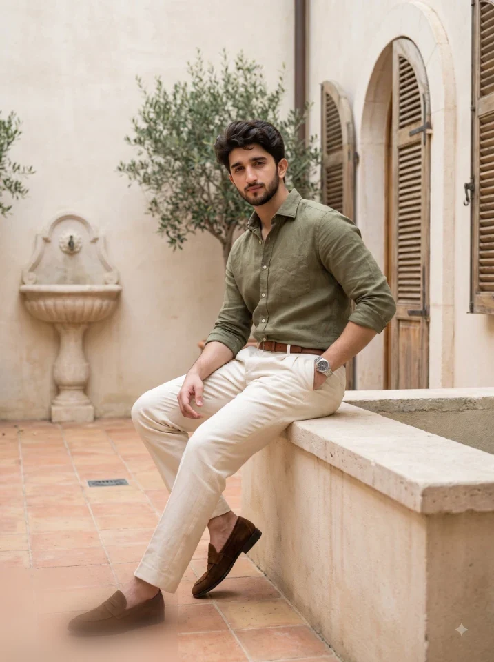 Quiet luxury AI photo prompt output for men featuring olive linen shirt and cream trousers inside a sunlit Mediterranean villa courtyard