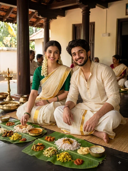 Onam sadya couple AI photo prompt with Kerala Kasavu saree, traditional mundu, and banana leaf feast