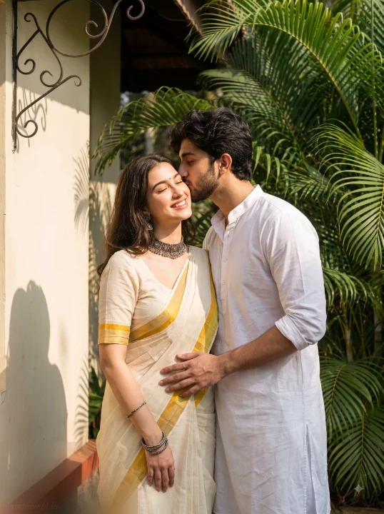 Onam couple AI photo prompt Kerala garden temple white kasavu saree and white kurta cinematic portrait