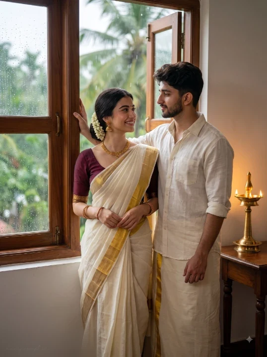 Onam couple AI photo prompt with Kerala Kasavu outfits, monsoon window, jasmine flowers, and cozy traditional home setting