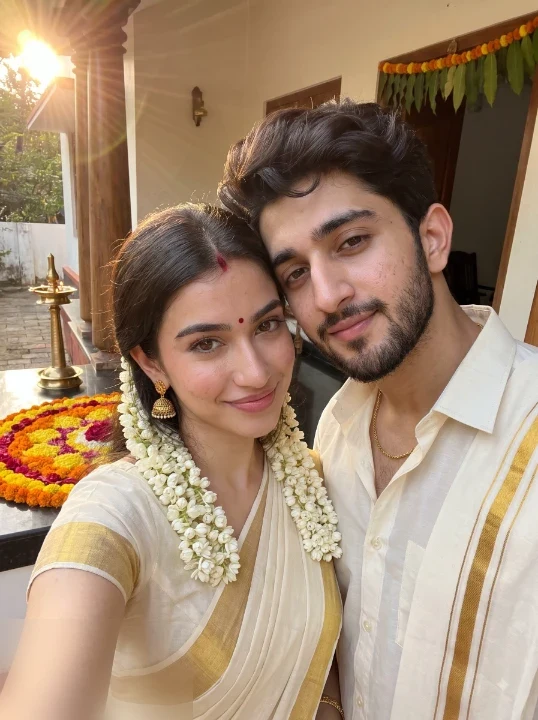 Onam couple photo editing prompt verandah jasmine gajra close selfie cream kasavu saree pookalam background